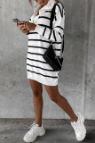 White Casual Striped Patchwork Zipper Collar Long Sleeve Dresses