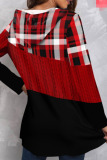 Red Casual Plaid Print Patchwork Hooded Collar Tops