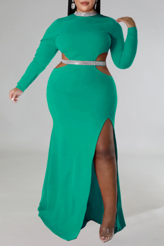 Green Sexy Formal Solid Hollowed Out Patchwork Slit Half A Turtleneck Long Sleeve Plus Size Dresses