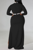 Black Sexy Formal Solid Hollowed Out Patchwork Slit Half A Turtleneck Long Sleeve Plus Size Dresses