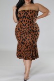 Brown Sexy Casual Print Leopard Hollowed Out Turtleneck Plus Size Two Pieces
