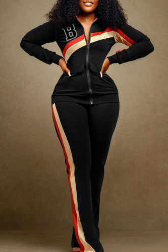 Black Casual Sportswear Print Patchwork Zipper Cardigan Collar Long Sleeve Two Pieces