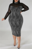Silver Sexy Casual Print Patchwork See-through Turtleneck Long Sleeve Plus Size Dresses