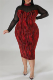 Red Sexy Casual Print Patchwork See-through Turtleneck Long Sleeve Plus Size Dresses