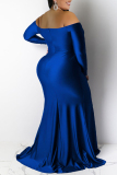 Blue Sexy Formal Solid Backless Slit Off the Shoulder Long Sleeve Plus Size Dresses