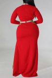 Red Sexy Formal Solid Hollowed Out Patchwork Slit Half A Turtleneck Long Sleeve Plus Size Dresses