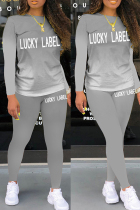 Grey Fashion Casual Gradual Change Letter Print Letter O Neck Long Sleeve Two Pieces