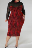 Red Sexy Casual Print Patchwork See-through Turtleneck Long Sleeve Plus Size Dresses