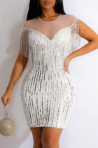 Silver Sexy Patchwork Tassel Sequins See-through O Neck Evening Dress Dresses