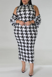 Black Casual Print Slit Turtleneck Sleeveless Dress Plus Size Two Pieces