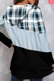 Light Blue Casual Plaid Print Patchwork Hooded Collar Tops