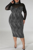 Silver Sexy Casual Print Patchwork See-through Turtleneck Long Sleeve Plus Size Dresses