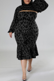 White Sexy Casual Print Leopard Hollowed Out Turtleneck Plus Size Two Pieces