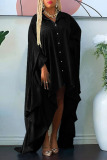 Black Casual Solid Patchwork Buckle Asymmetrical Turndown Collar Irregular Dress Plus Size Dresses