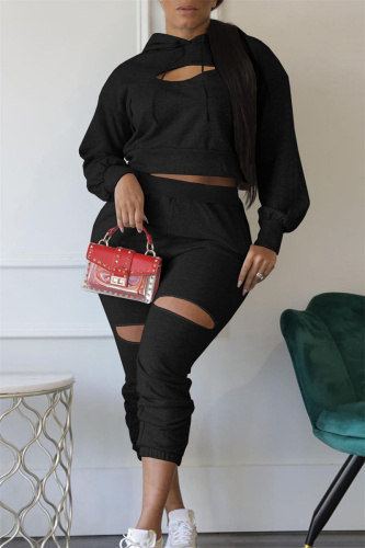Black Casual Solid Ripped Hollowed Out Hooded Collar Long Sleeve Two Pieces