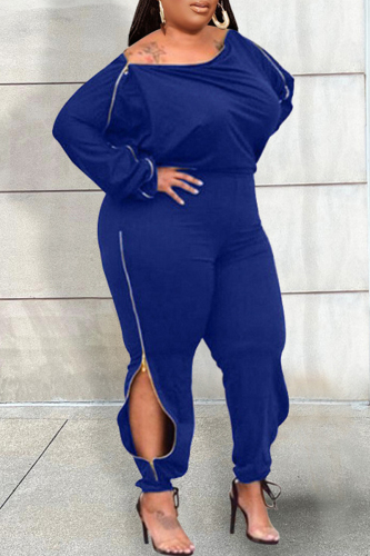 Blue Casual Solid Patchwork Zipper O Neck Plus Size Jumpsuits