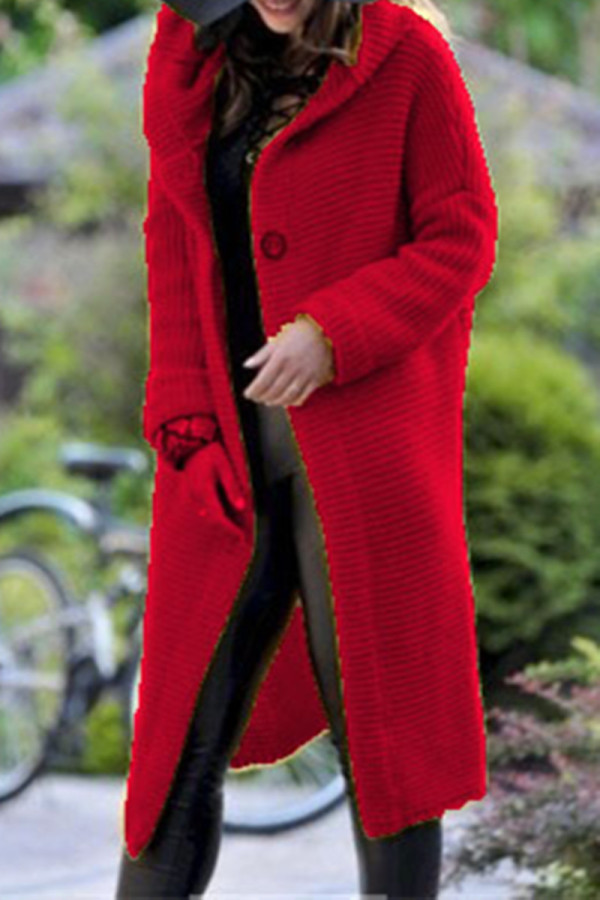 Red Casual Solid Cardigan Hooded Collar Outerwear