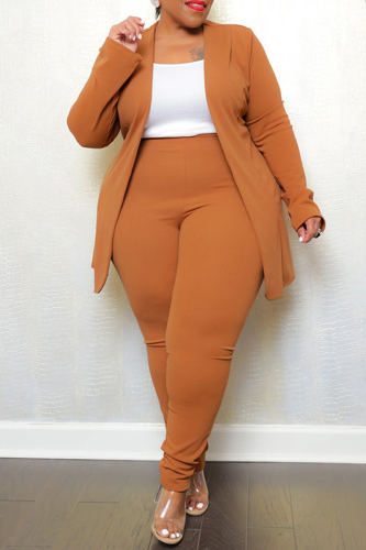 Orange Casual Solid Cardigan Pants Turn-back Collar Plus Size Two Pieces