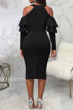 Black Elegant Solid Patchwork Flounce O Neck One Step Skirt Dresses