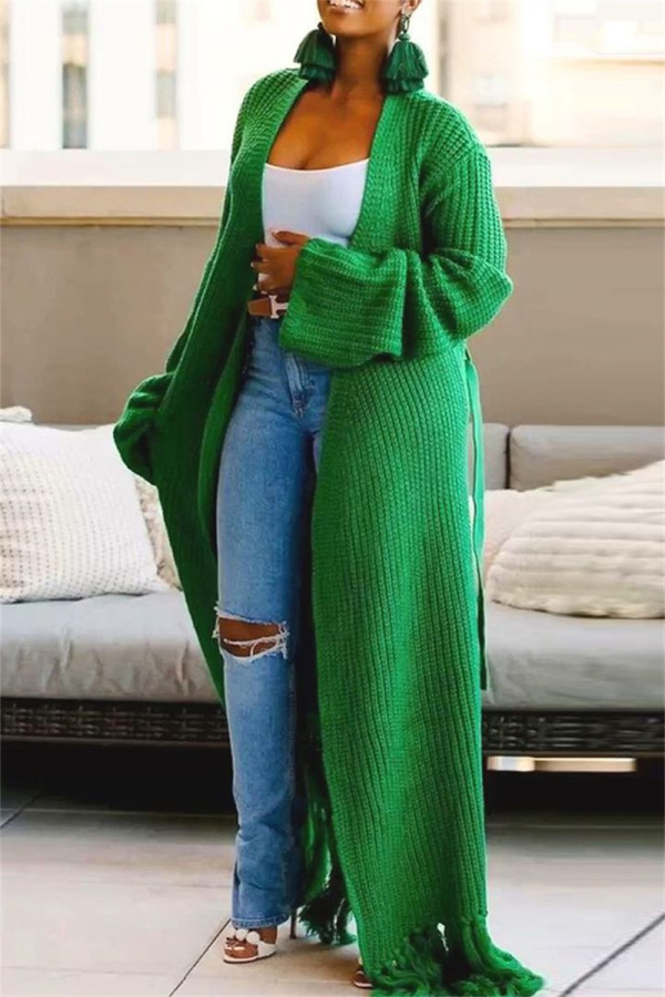 Green Casual Solid Tassel Cardigan Cardigan Collar Outerwear