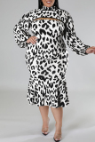 Black Sexy Casual Print Leopard Hollowed Out Turtleneck Plus Size Two Pieces