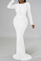 White Sexy Solid Patchwork See-through Hot Drill O Neck Evening Dress Dresses