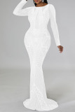 White Sexy Solid Patchwork See-through Hot Drill O Neck Evening Dress Dresses
