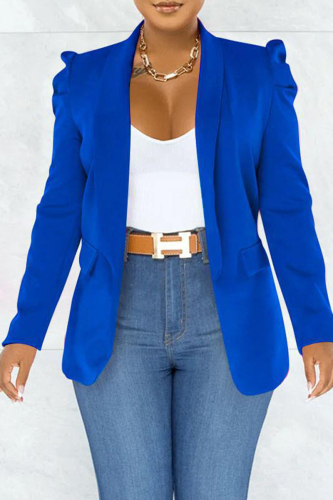 Blue Casual Solid Patchwork Turn-back Collar Outerwear