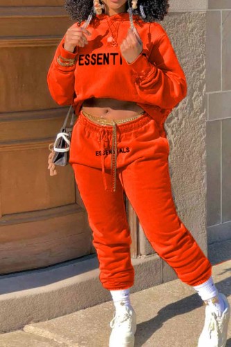 Tangerine Red Sportswear Print Letter Hooded Collar Long Sleeve Two Pieces