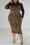 Gold Sexy Casual Print Patchwork See-through Turtleneck Long Sleeve Plus Size Dresses