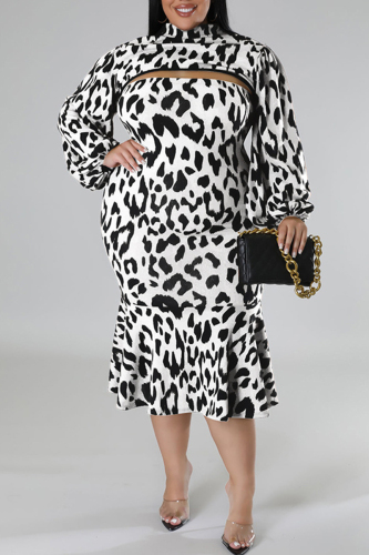 White Sexy Casual Print Leopard Hollowed Out Turtleneck Plus Size Two Pieces