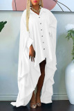 White Casual Solid Patchwork Buckle Asymmetrical Turndown Collar Irregular Dress Plus Size Dresses