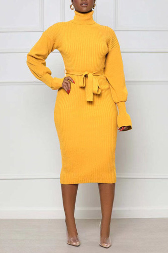Yellow High Neck Lantern Sleeve Waist Lace Up Bodycon Knit Midi Sweater Dress For Casual & Party Wear
