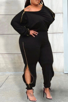 Black Casual Solid Patchwork Zipper O Neck Plus Size Jumpsuits