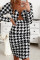 Black Sexy Print Patchwork V Neck Long Sleeve Dresses