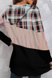 Pink Casual Plaid Print Patchwork Hooded Collar Tops
