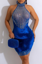 Blue Sexy Patchwork Hot Drilling See-through Backless Halter Sleeveless Dress Dresses