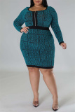 Green Casual Print Patchwork O Neck Long Sleeve Plus Size Dresses