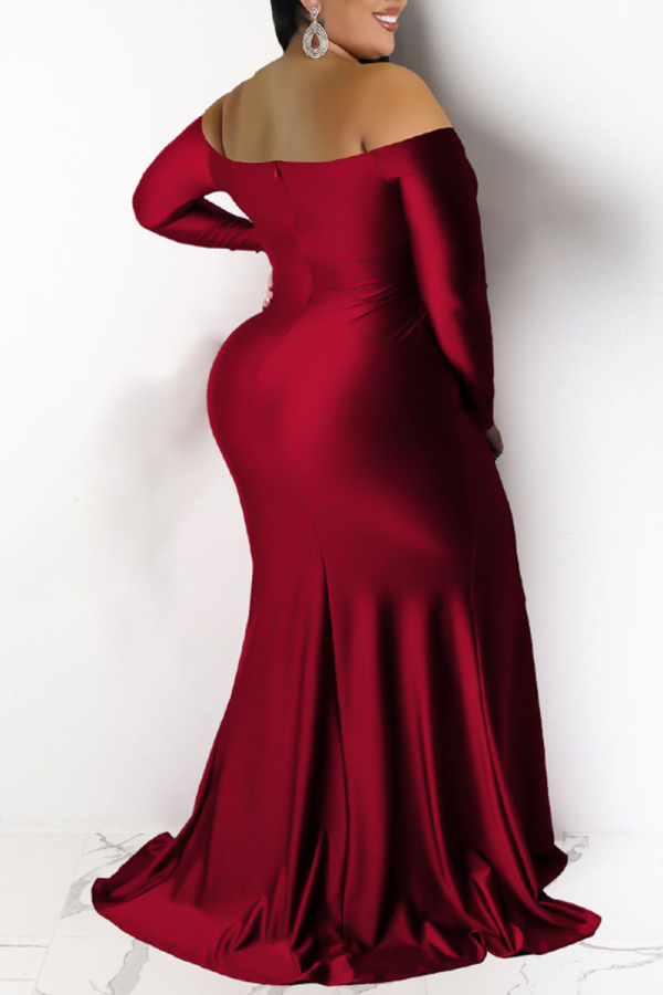 Off Shoulder Backless Satin Dress With Slit Red Plus Size main image 1