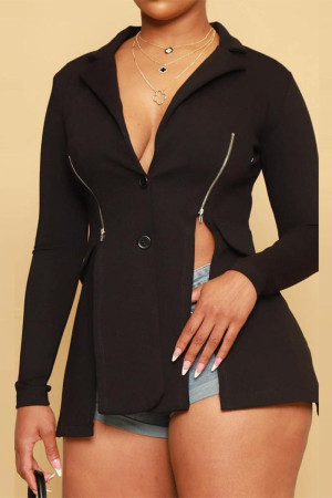 Black Casual Solid Patchwork Slit Turndown Collar Outerwear