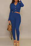 Blue Casual Solid Patchwork Buckle V Neck Long Sleeve Two Pieces