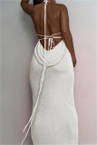 White Sexy Solid Bandage Backless Spaghetti Strap Long Dress Dresses