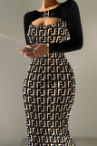 Black Elegant Print Hollowed Out Patchwork O Neck One Step Skirt Plus Size Dresses