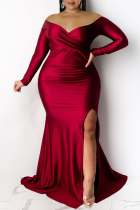 Red Sexy Formal Solid Backless Slit Off the Shoulder Long Sleeve Plus Size Dresses