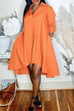 Tangerine Red Casual Solid Patchwork Buckle Asymmetrical Turndown Collar Shirt Dress Plus Size Dresses