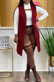 Burgundy Casual Solid Cardigan Turndown Collar Outerwear