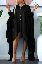 Black Casual Solid Patchwork Buckle Asymmetrical Turndown Collar Irregular Dress Plus Size Dresses