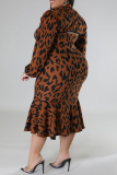 Brown Sexy Casual Print Leopard Hollowed Out Turtleneck Plus Size Two Pieces