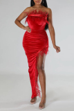 Red Sexy Solid Patchwork Feathers Slit Strapless Evening Dress Dresses