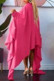 Rose Red Casual Solid Patchwork Buckle Asymmetrical Turndown Collar Irregular Dress Plus Size Dresses